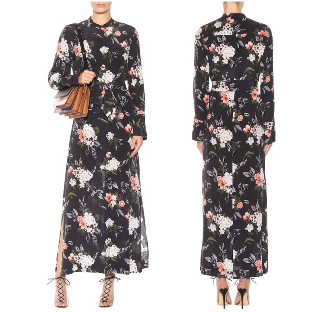 Equipment Britten Silk Floral Maxi Shirt Dress XS charcoal dark gray long sleeve